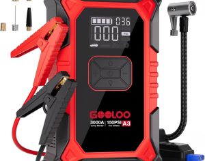 ავტომანქანის დამქოქი საჰაერო კომპრესორით ,,jump starter .  GOOLOO A3  ამპერაჟი 3000 A . ქოქავს 9.0 ბენზინის და 6.5 ლ-მდე მოცულობის დიზელის ძრავებს